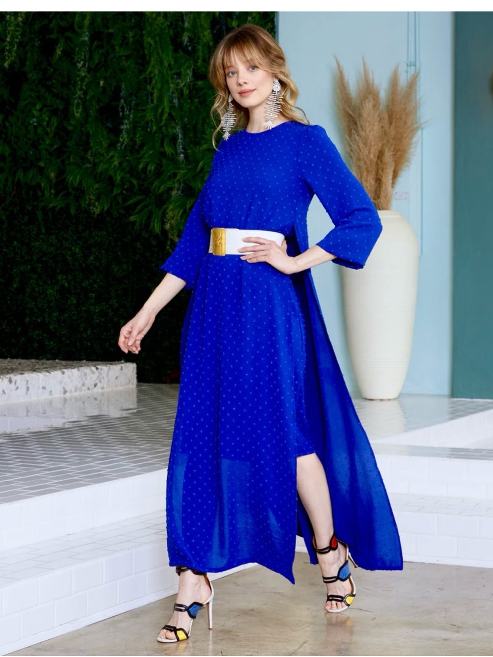 Elegant Royal Blue Maxi Dress with Statement Belt